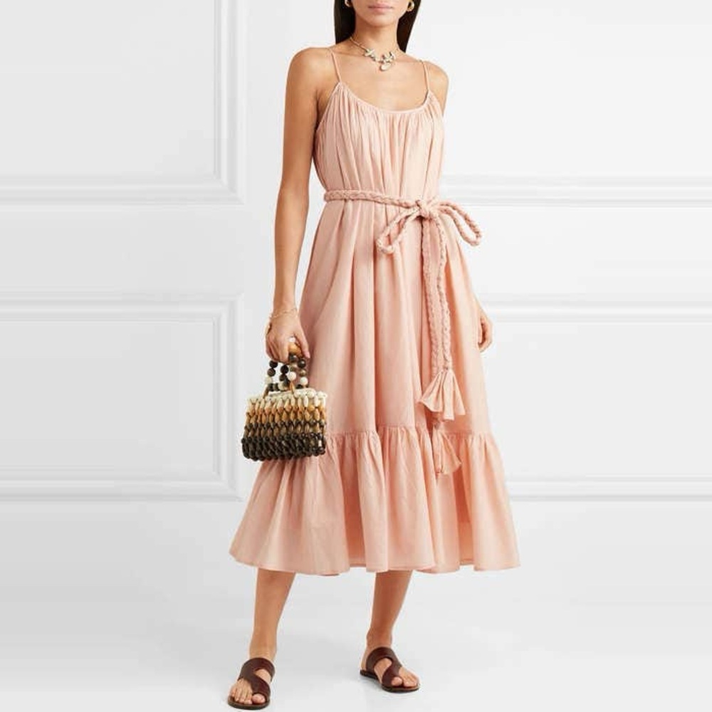 RHODE Lea Resort Blush Pink Cotton Voile Belted Tiered Midi Dress Small